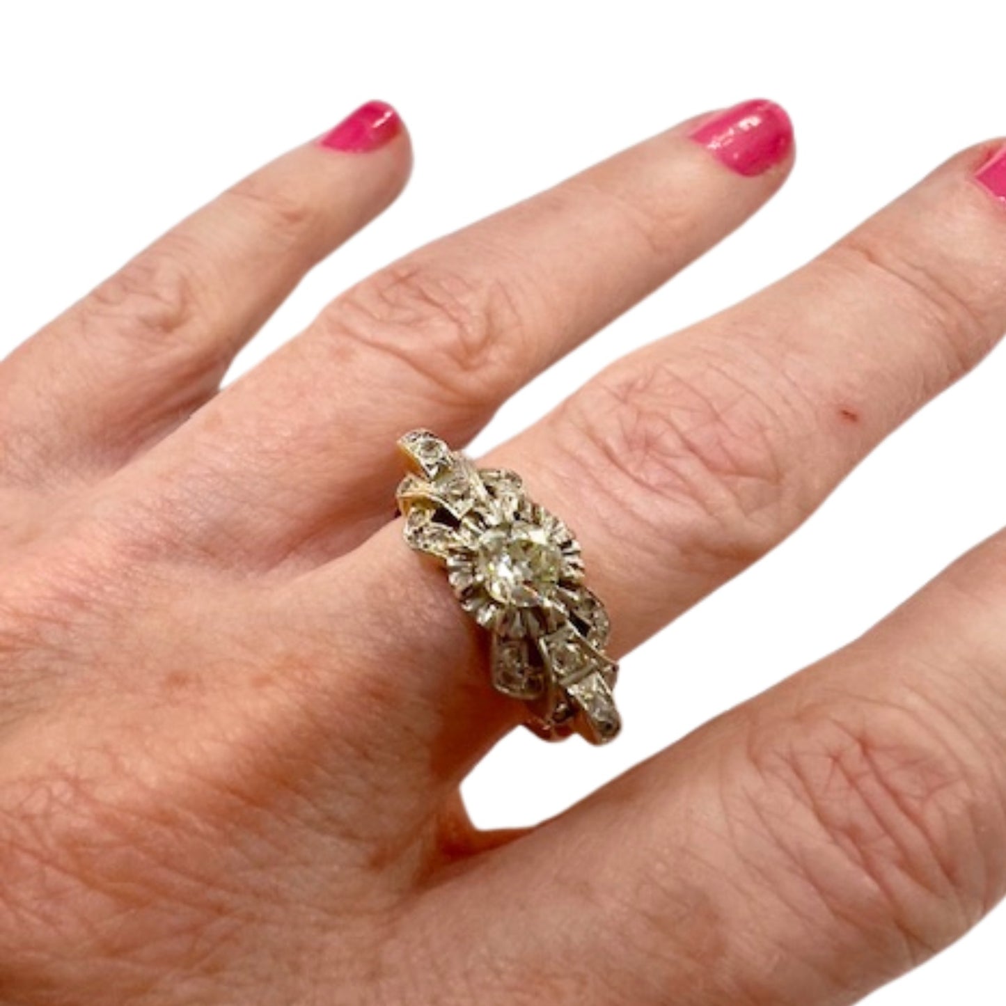 SORTIJA ESTILO ART DECO de ORO 18 KTS y PLATINO con DIAMANTES