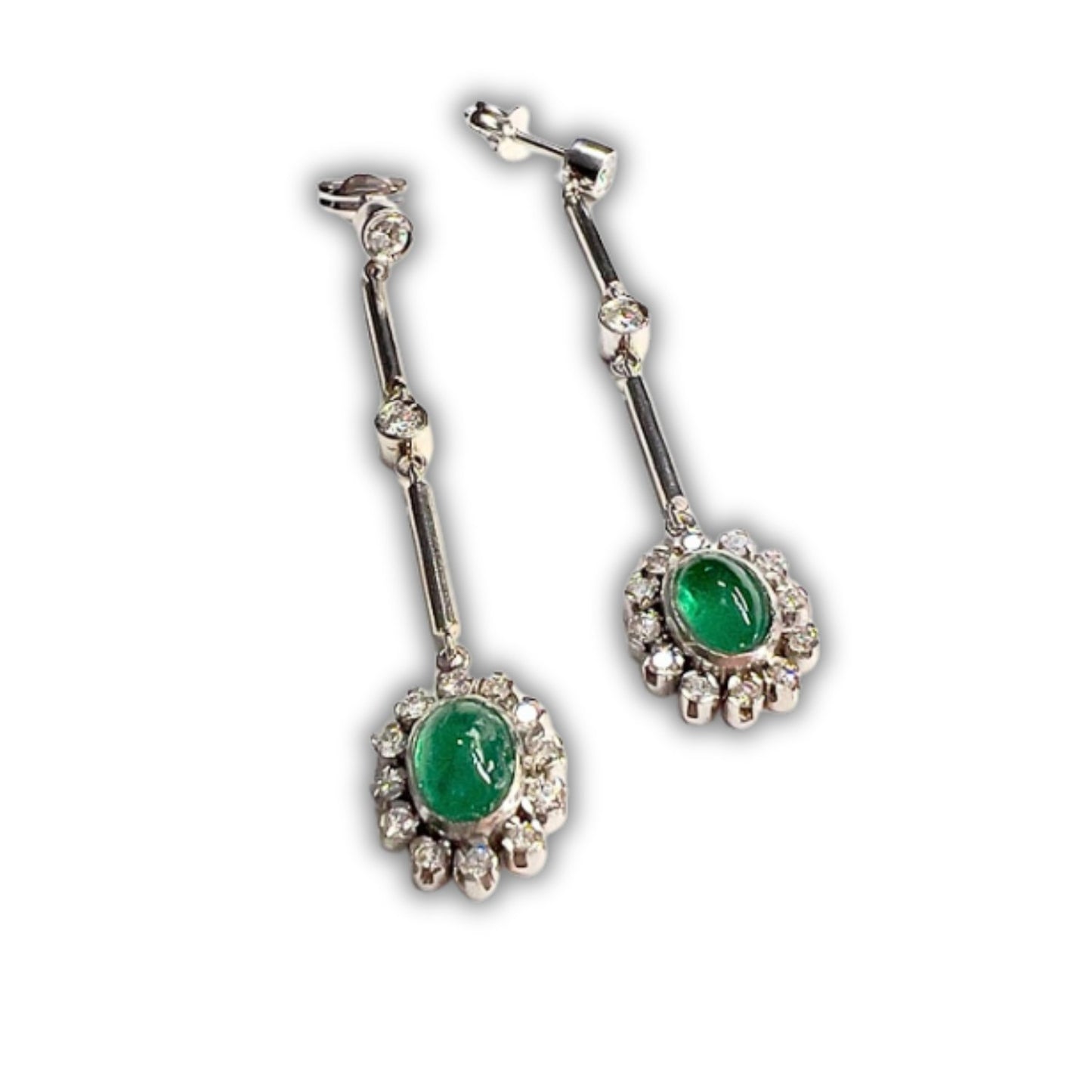 PENDIENTES ESTILO ART DECO PLATINO con DIAMANTES y ESMERALDA COLOMBIA