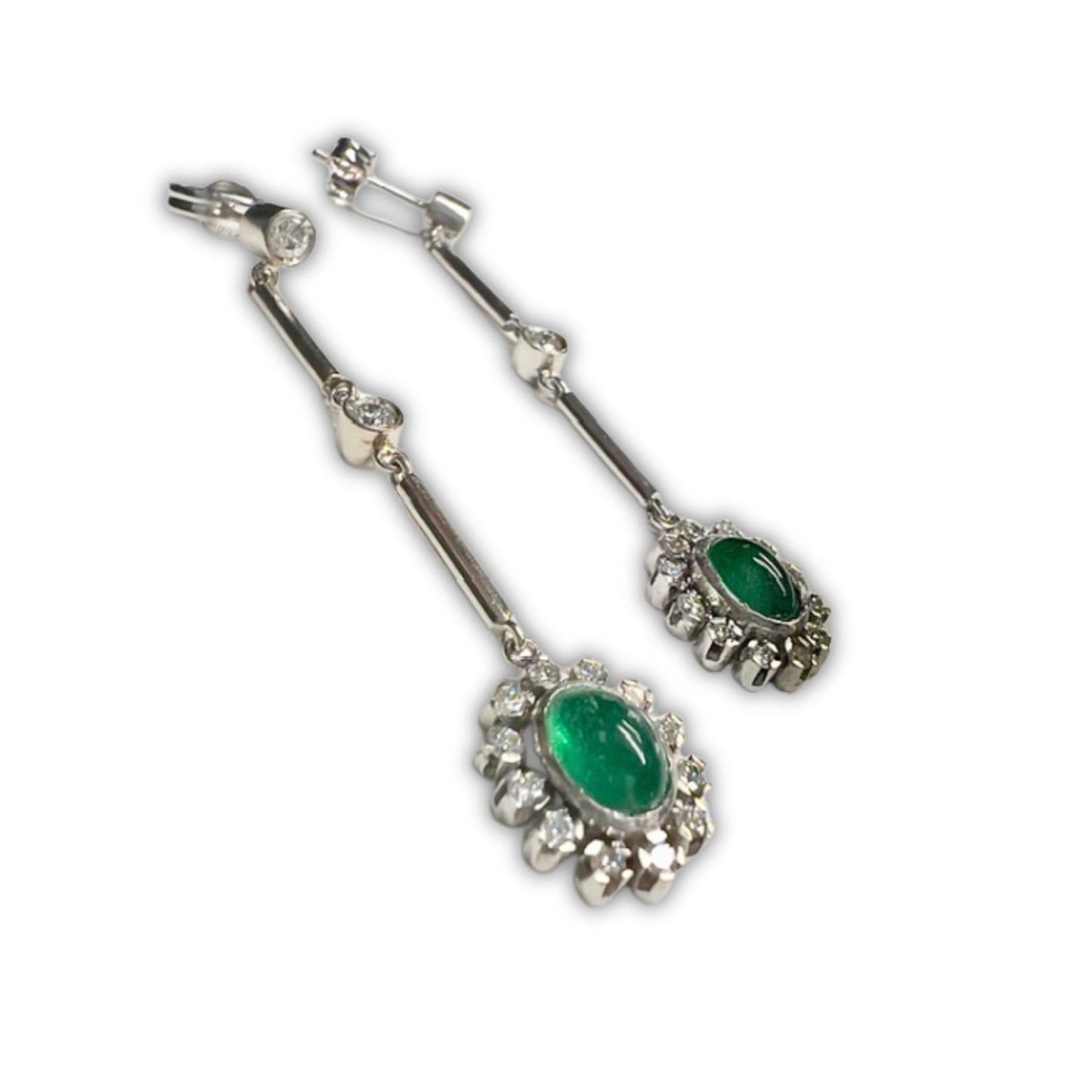 PENDIENTES ESTILO ART DECO PLATINO con DIAMANTES y ESMERALDA COLOMBIA