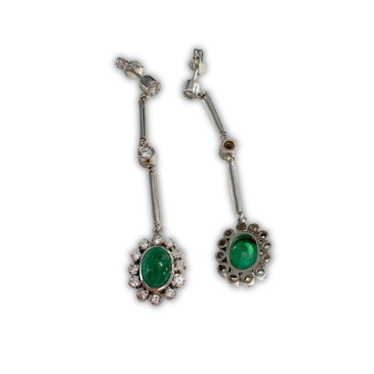 PENDIENTES ESTILO ART DECO PLATINO con DIAMANTES y ESMERALDA COLOMBIA