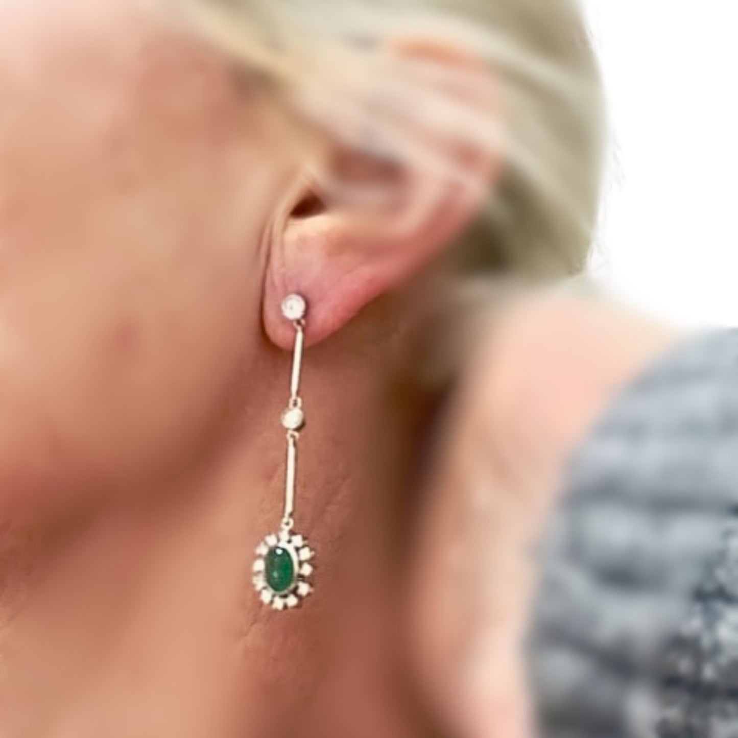 PENDIENTES ESTILO ART DECO PLATINO con DIAMANTES y ESMERALDA COLOMBIA