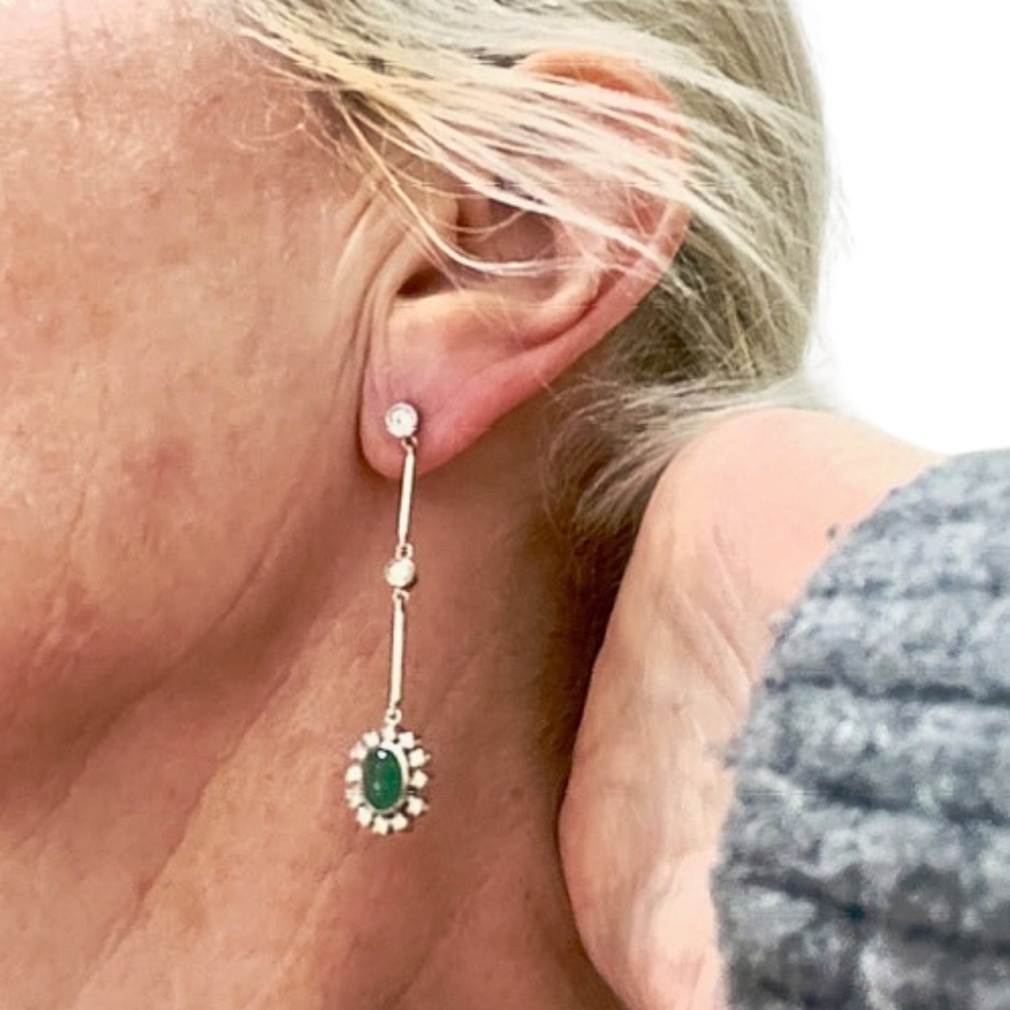 PENDIENTES ESTILO ART DECO PLATINO con DIAMANTES y ESMERALDA COLOMBIA