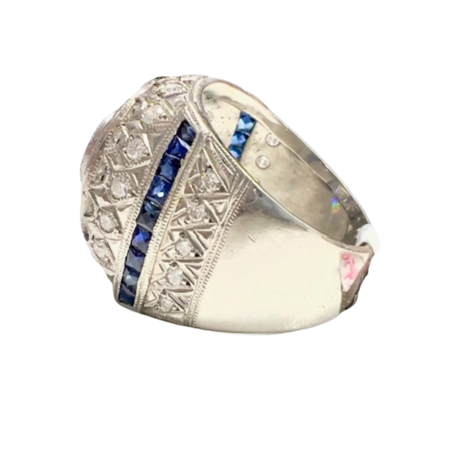 SORTIJA ESTILO ART DECO de PLATINO con DIAMANTES Y ZAFIROS