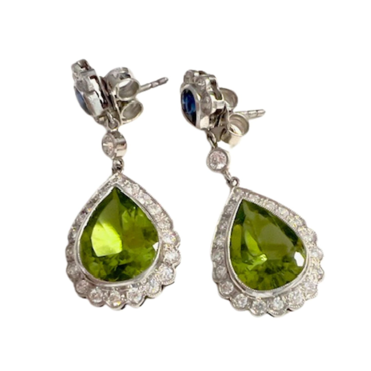 PENDIENTES ESTILO ART DECO de PLATINO 950 kts con DIAMANTES, ZAFIROS y PERIDOTOS