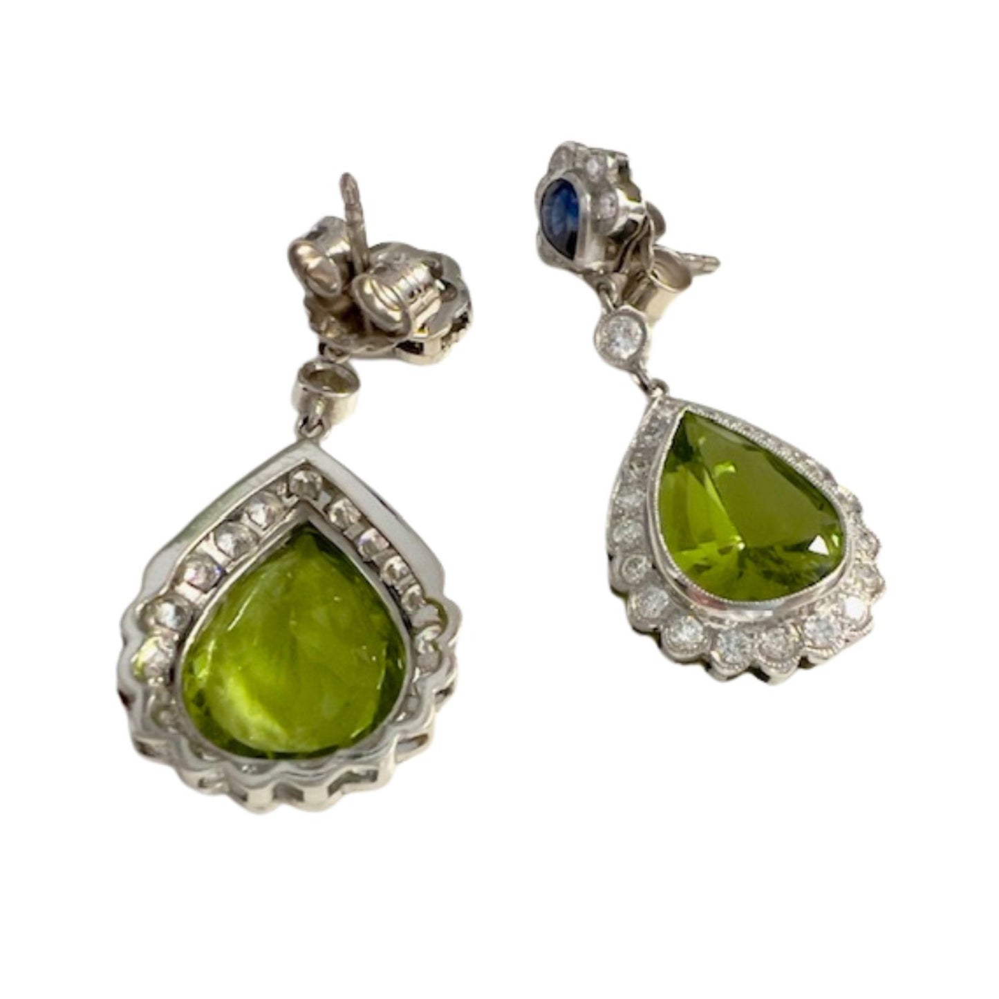 PENDIENTES ESTILO ART DECO de PLATINO 950 kts con DIAMANTES, ZAFIROS y PERIDOTOS