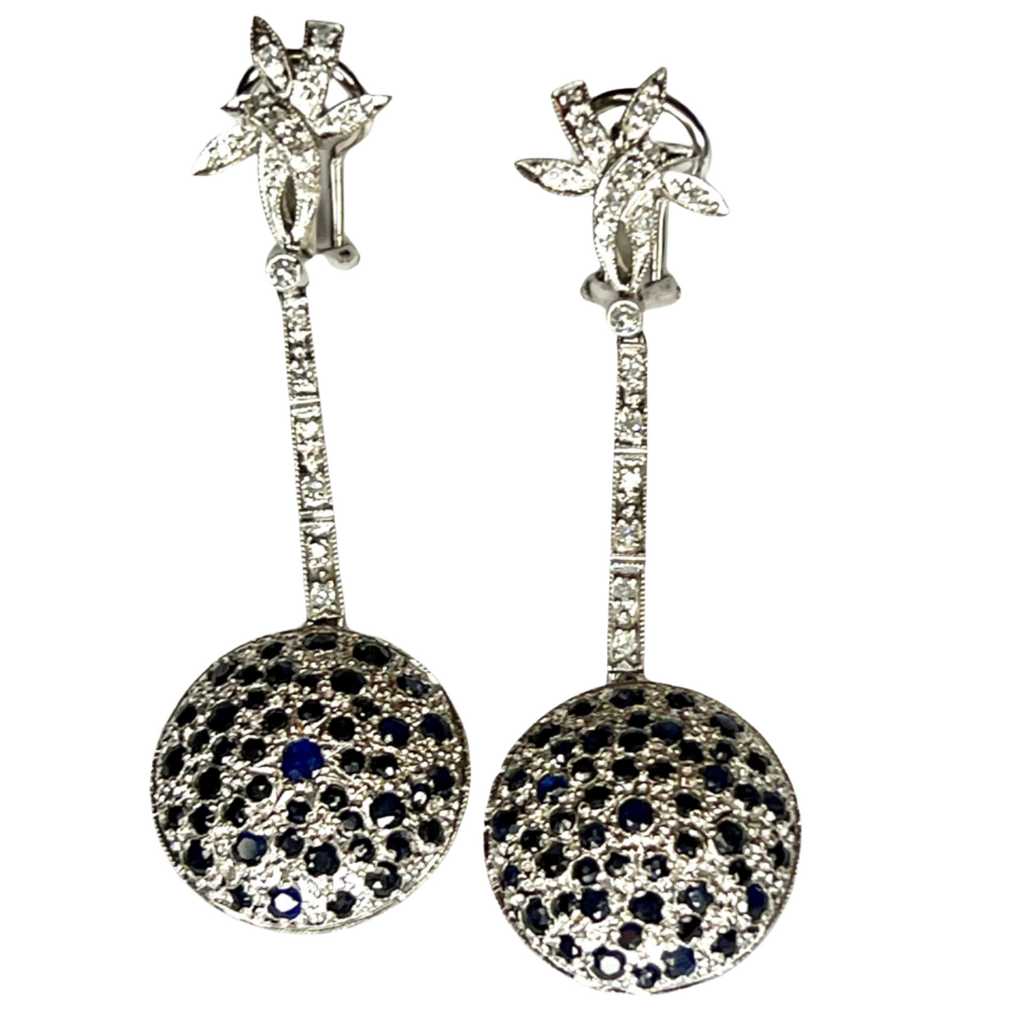 PENDIENTES ESTILO ART DECO EPOCA 1935 de ORO y PLATINO con DIAMANTES y ZAFIROS