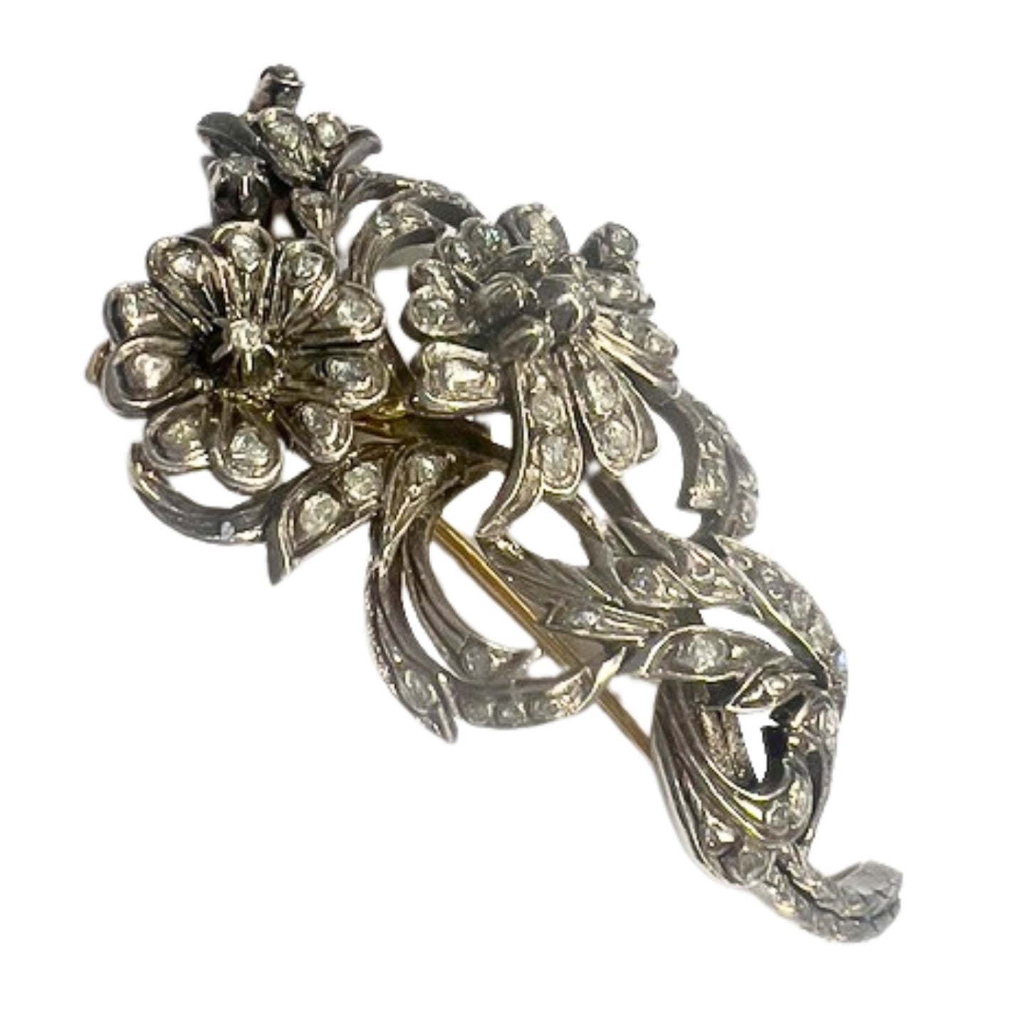 BROCHE ANTIGUO DE PRINCIPIO DE SIGLO XX de ORO 18 kts y PLATA con DIAMANTES