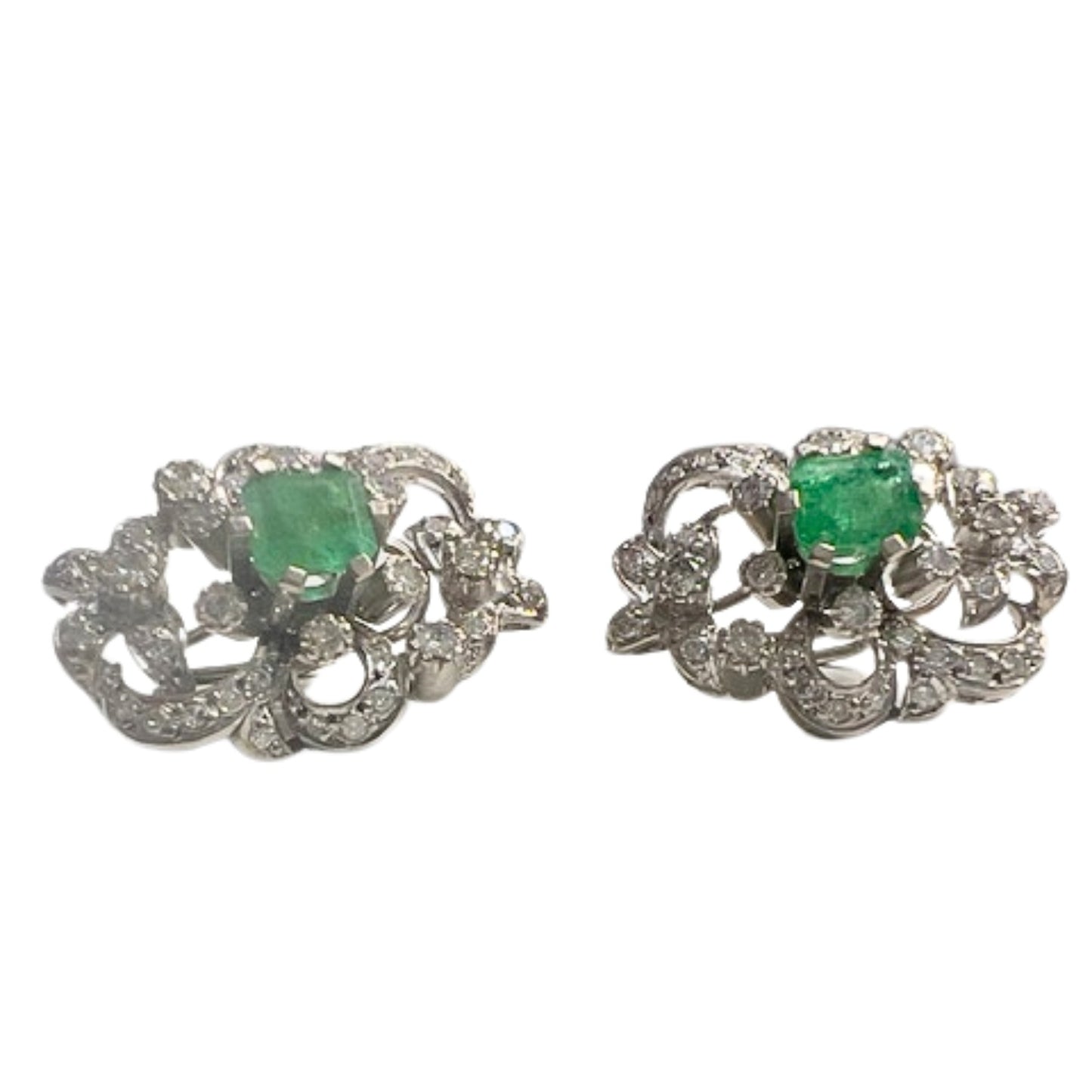 PENDIENTES DISEÑO RETRO ÉPOCA 1940-1950 de ORO 18 kts con DIAMANTES y ESMERALDA