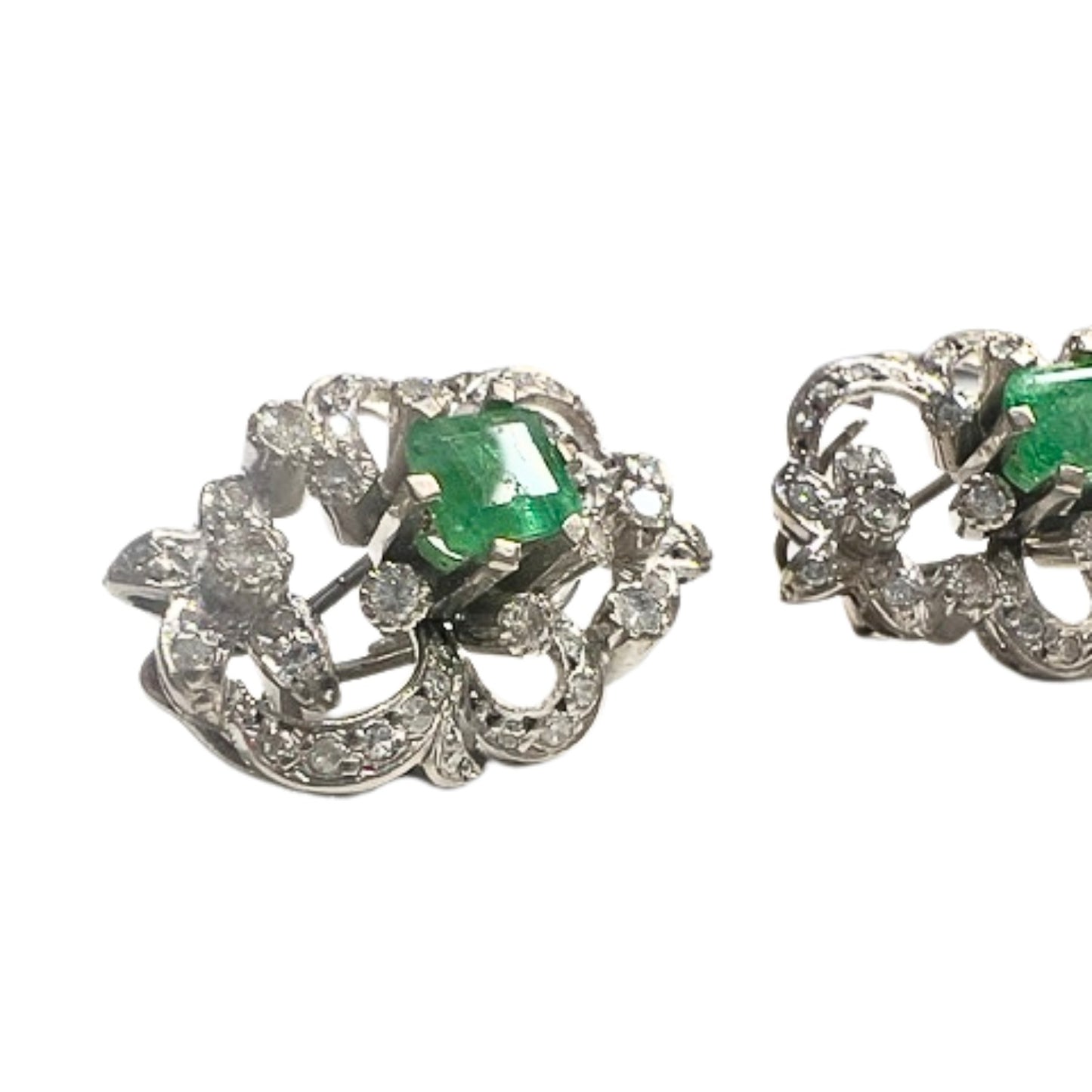 PENDIENTES DISEÑO RETRO ÉPOCA 1940-1950 de ORO 18 kts con DIAMANTES y ESMERALDA