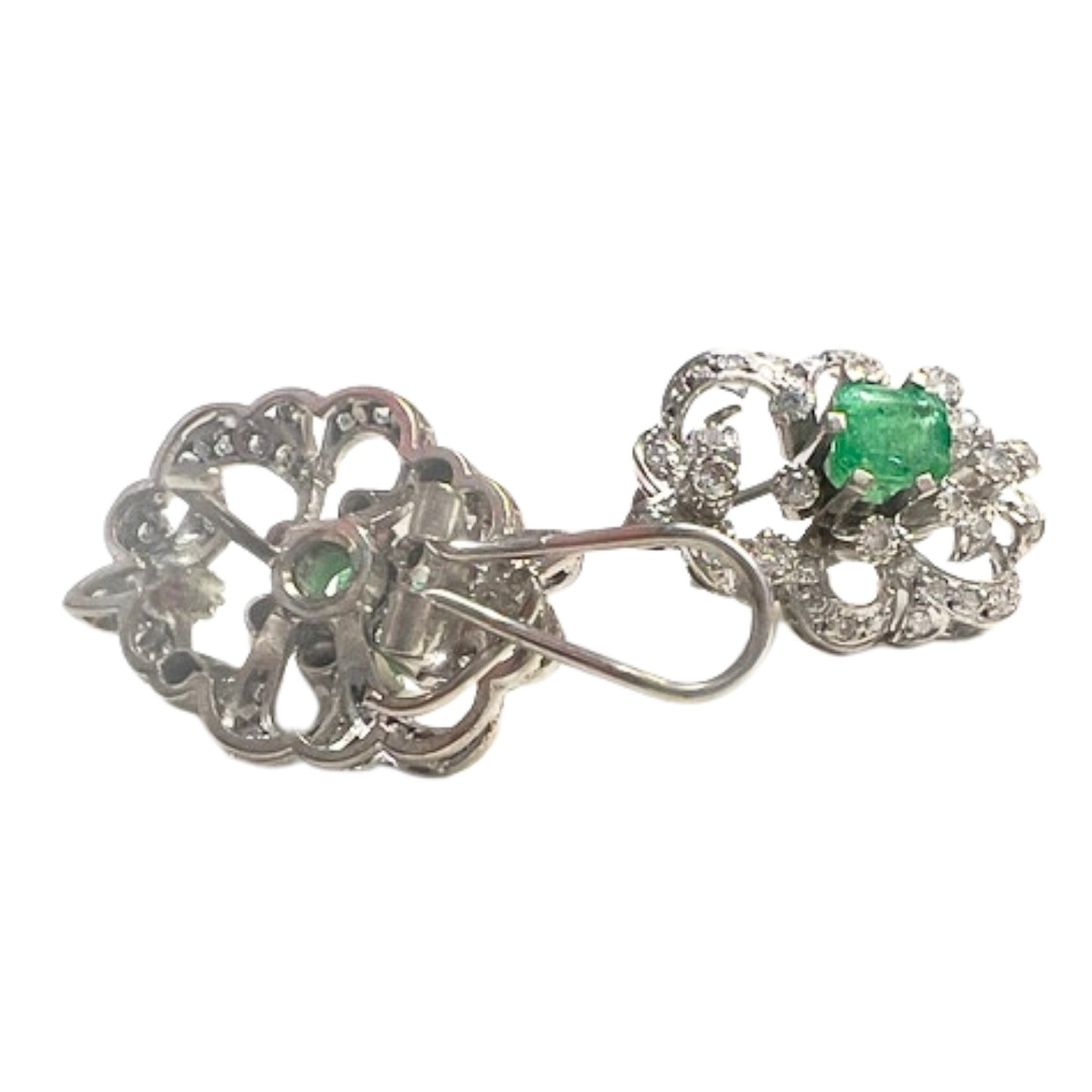 PENDIENTES DISEÑO RETRO ÉPOCA 1940-1950 de ORO 18 kts con DIAMANTES y ESMERALDA