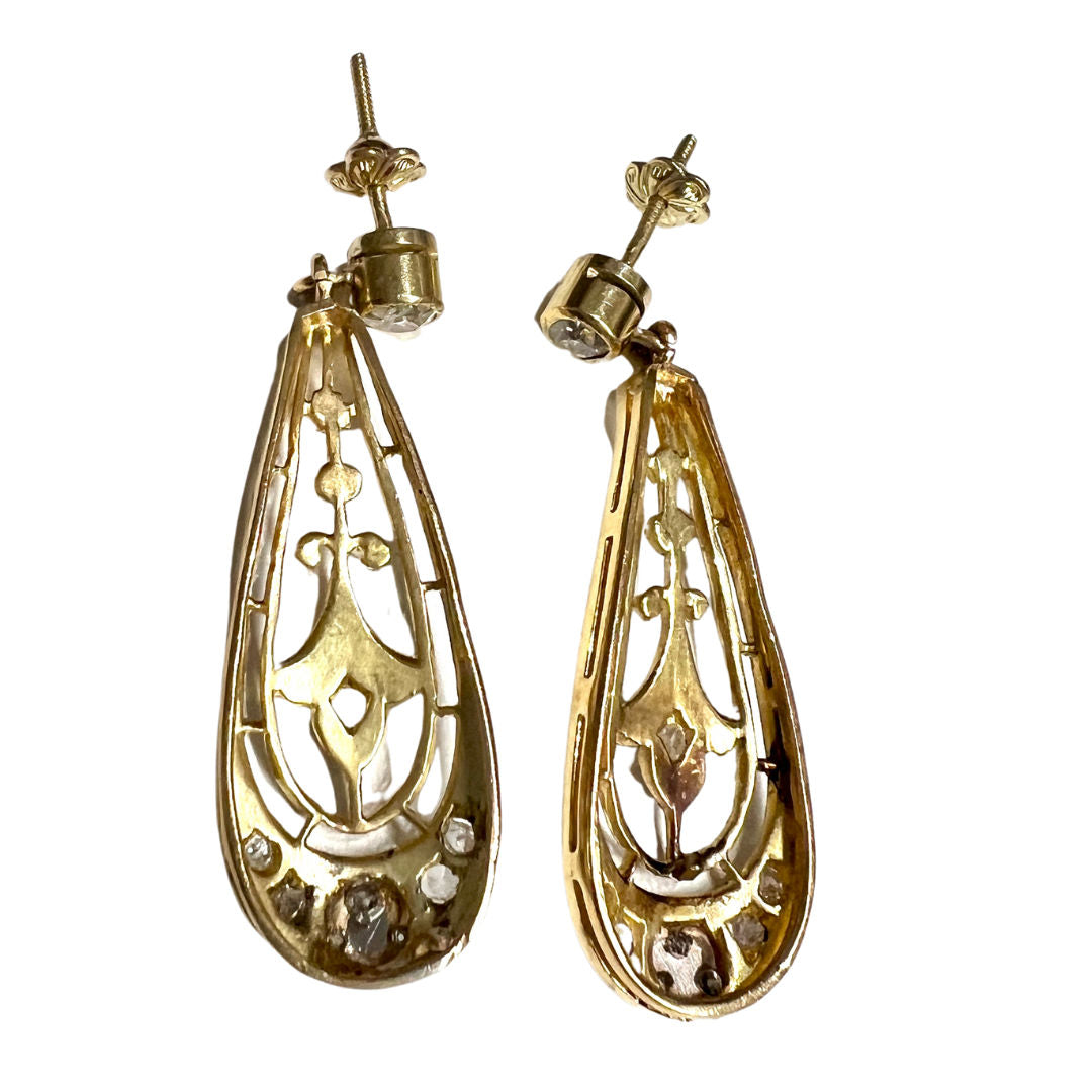PENDIENTES DISEÑO ART DECO ÉPOCA 1930-35 de ORO 18 kts con vistas de PLATINO