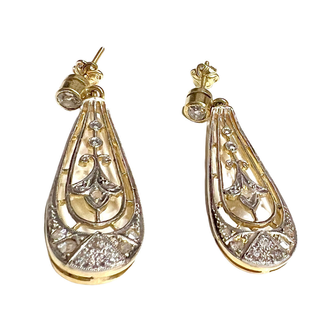 PENDIENTES DISEÑO ART DECO ÉPOCA 1930-35 de ORO 18 kts con vistas de PLATINO