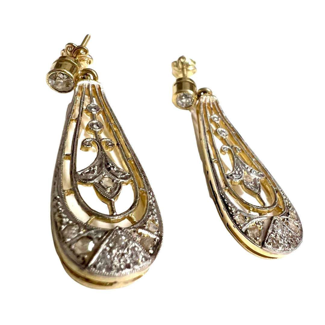 PENDIENTES DISEÑO ART DECO ÉPOCA 1930-35 de ORO 18 kts con vistas de PLATINO