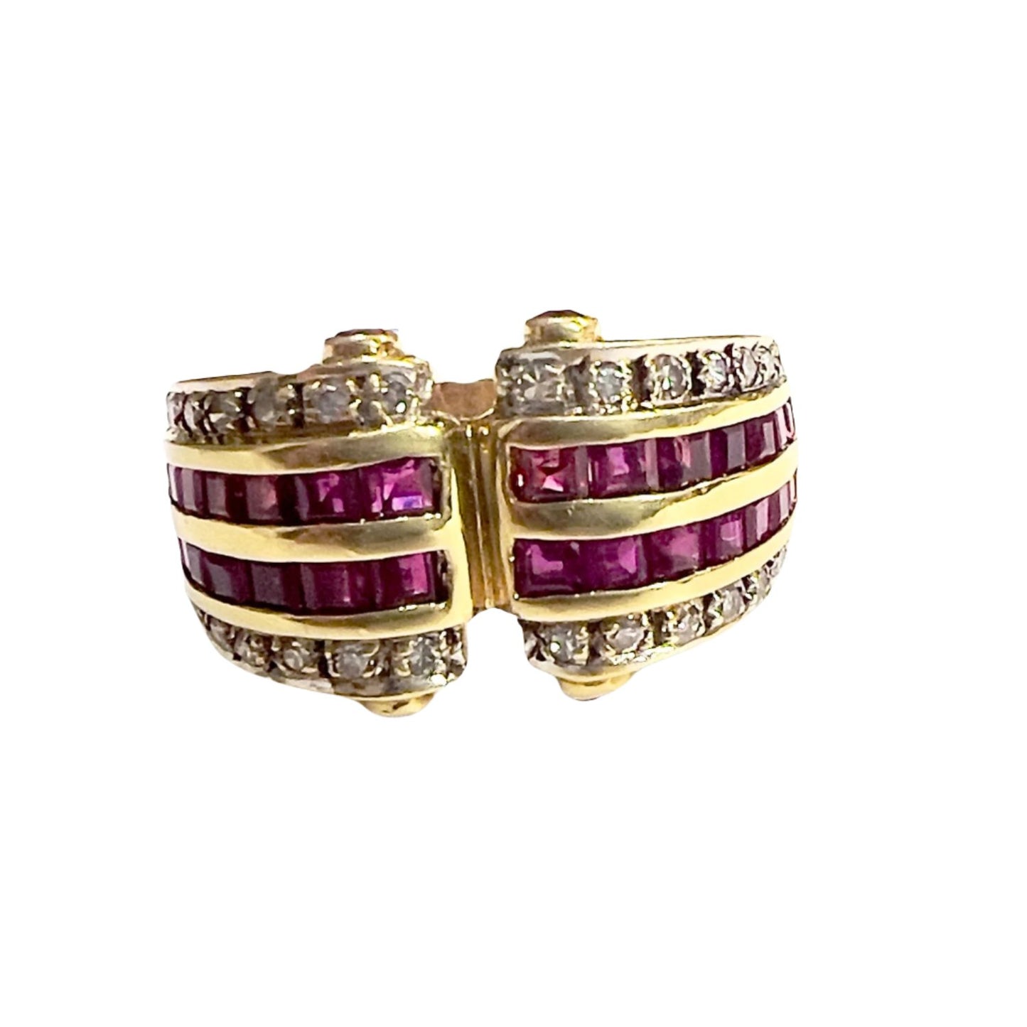 SORTIJA CONTEMPORÁNEA ESTILO RETRO de ORO 18 kts con DIAMANTES y RUBIES