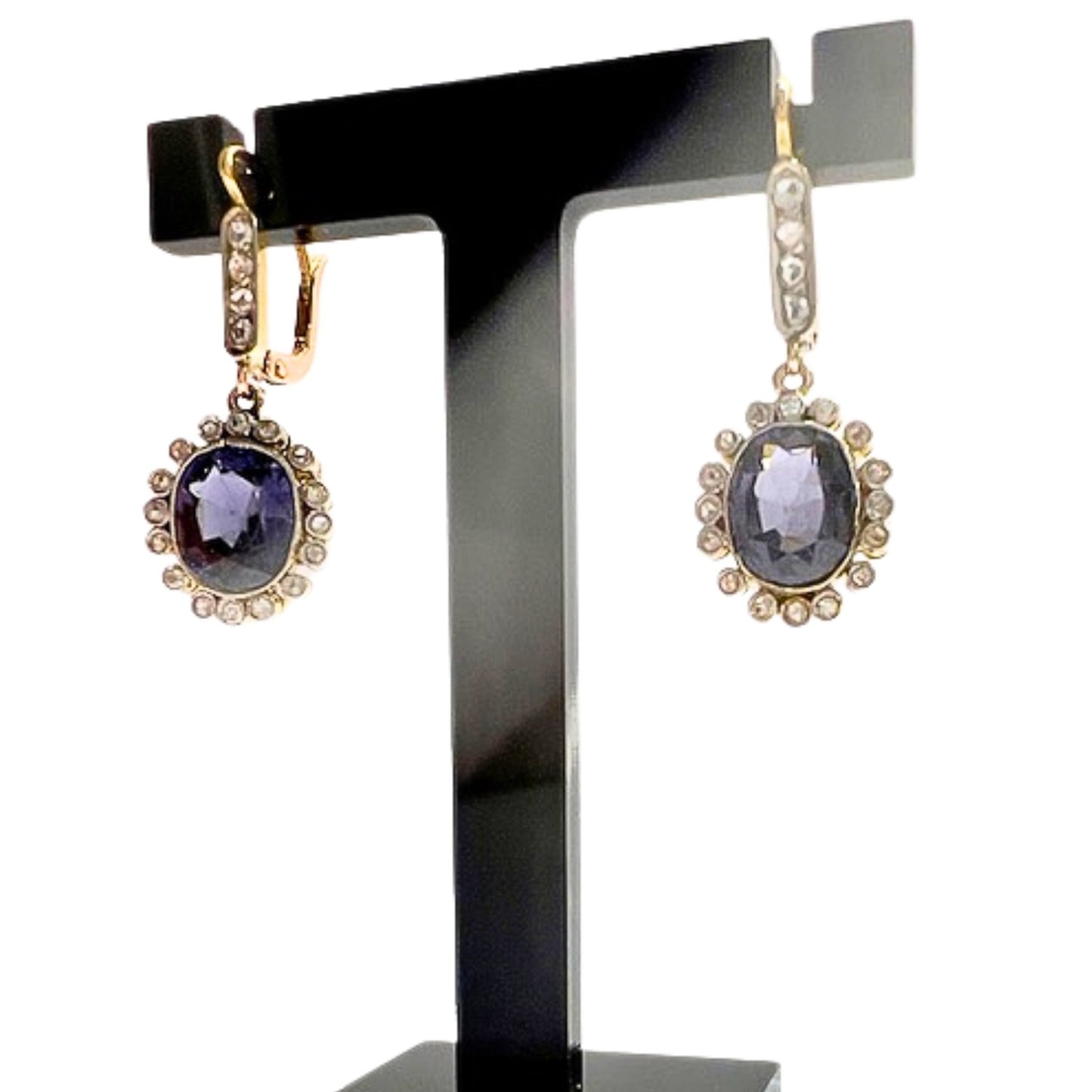 PENDIENTES ART DECO EPOCA 1930-35 de ORO 18 kts y PLATINO CON AMATISTA Y BRILLANTES