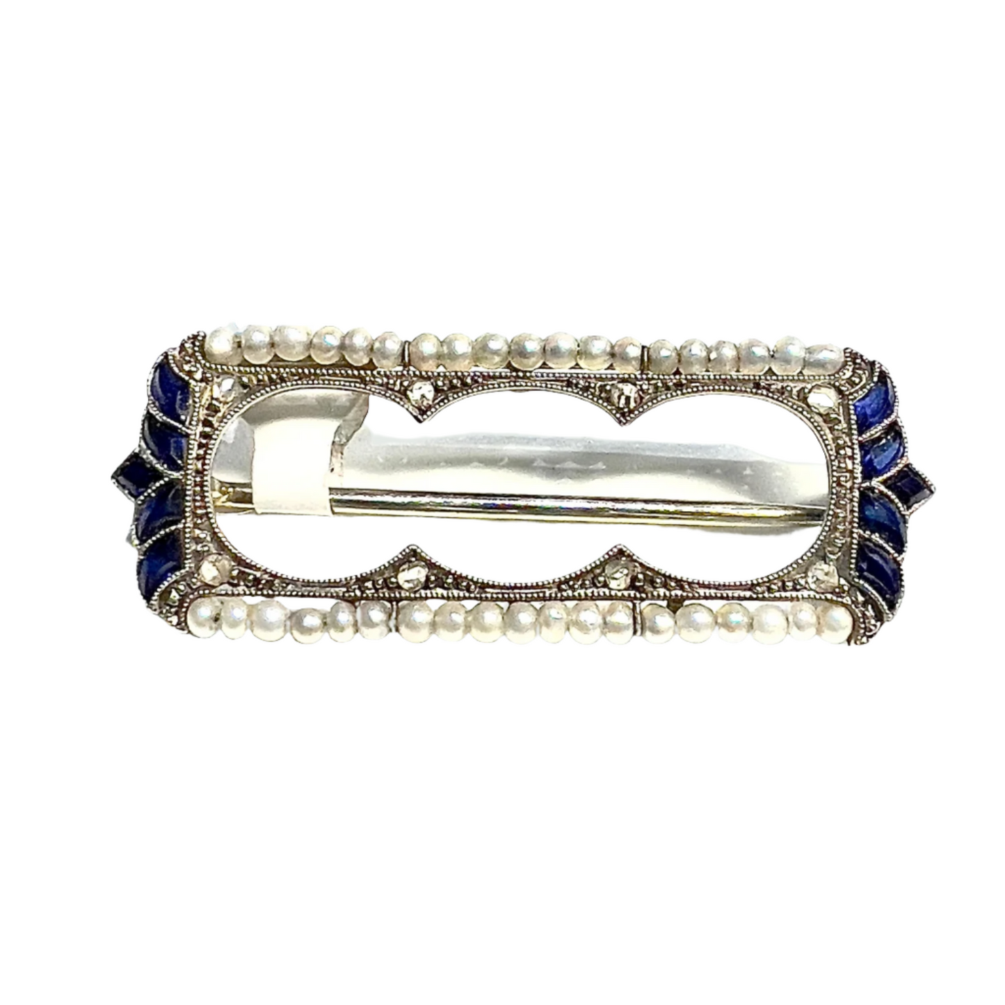 BROCHE ESTILO ART DECO de PLATINO con DIAMANTES, ZAFIROS y PERLA - *UNICO
