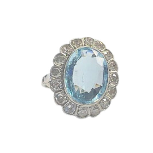 SORTIJA ART DECO EPOCA 1930-1935 de PLATINO con DIAMANTES y AGUAMARINA