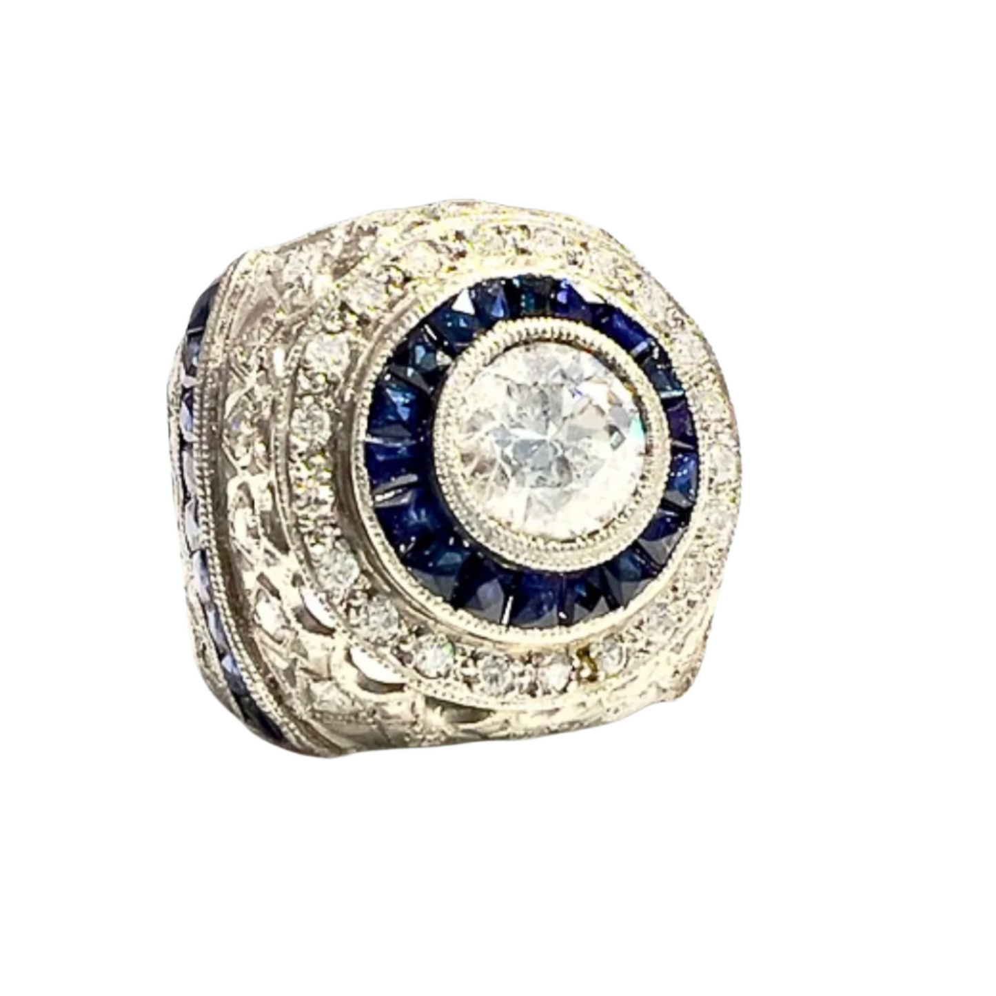 SORTIJA ESTILO ART DECO de PLATINO con DIAMANTES Y ZAFIROS