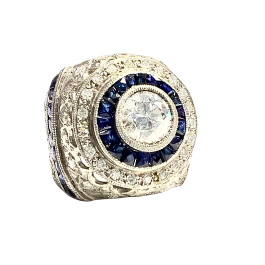 SORTIJA ESTILO ART DECO de PLATINO con DIAMANTES Y ZAFIROS