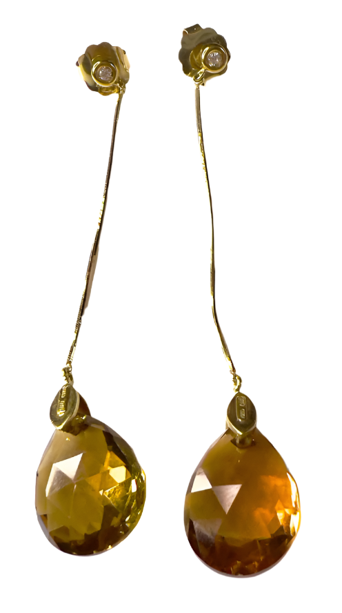 PENDIENTES MODERNOS S.XX de ORO con DIAMANTES y GOTA CITRINO