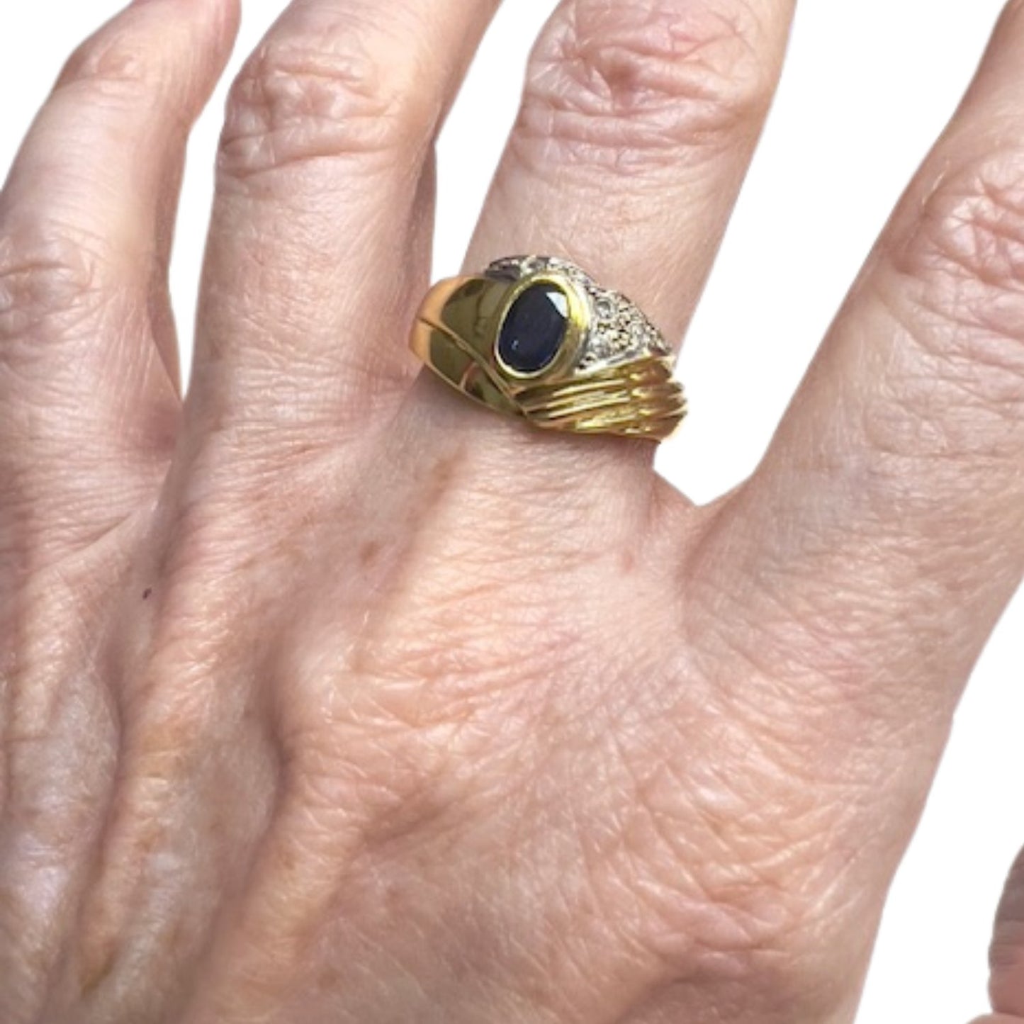 SORTIJA MODERNA DISEÑO AÑOS 90 de ORO 18 kts con DIAMANTES y ZAFIROS