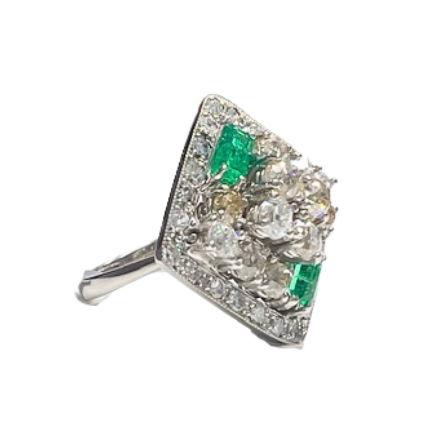 SORTIJA ESTILO CONTEMPORANEO S XX de ORO 18 kts con DIAMANTES y ESMERALDA
