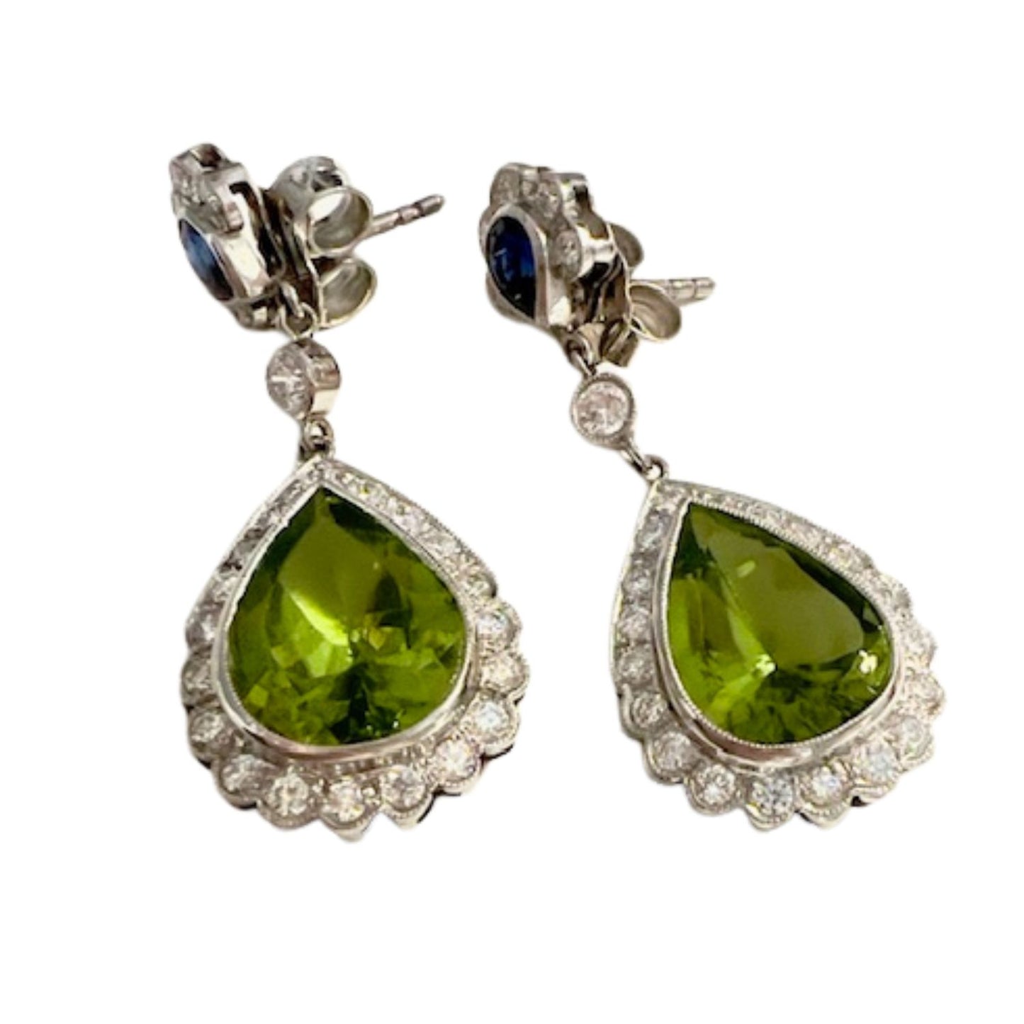 PENDIENTES ESTILO ART DECO de PLATINO 950 kts con DIAMANTES, ZAFIROS y PERIDOTOS