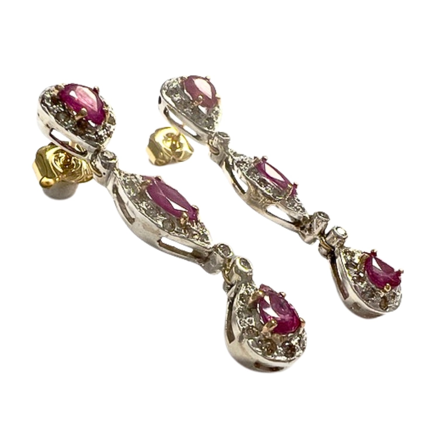 PENDIENTES ESTILO ART DECO  ÉPOCA 1940 de PLATA 925 y ORO 18 kts con DIAMANTES y RUBIES
