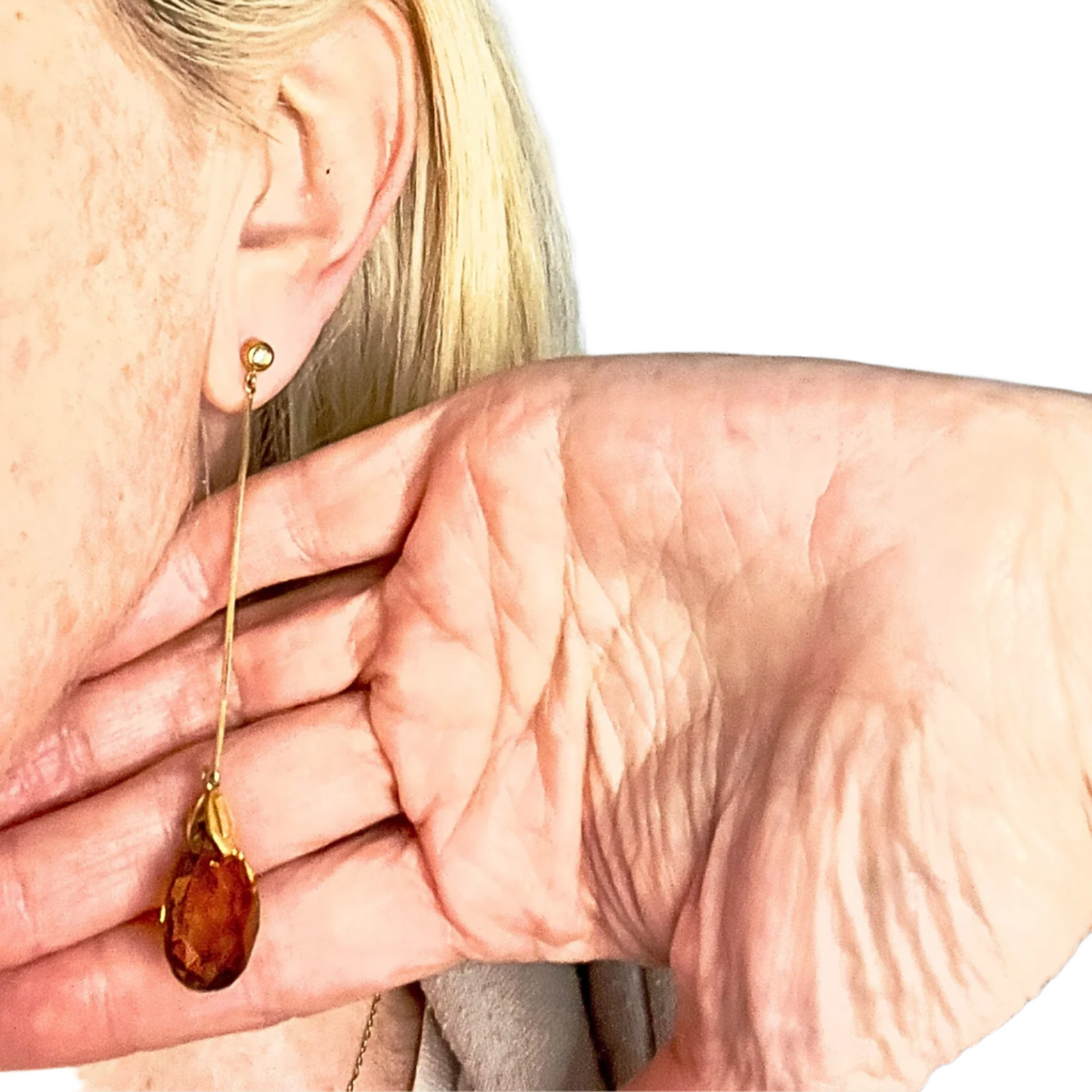 PENDIENTES MODERNOS S.XX de ORO con DIAMANTES y GOTA CITRINO