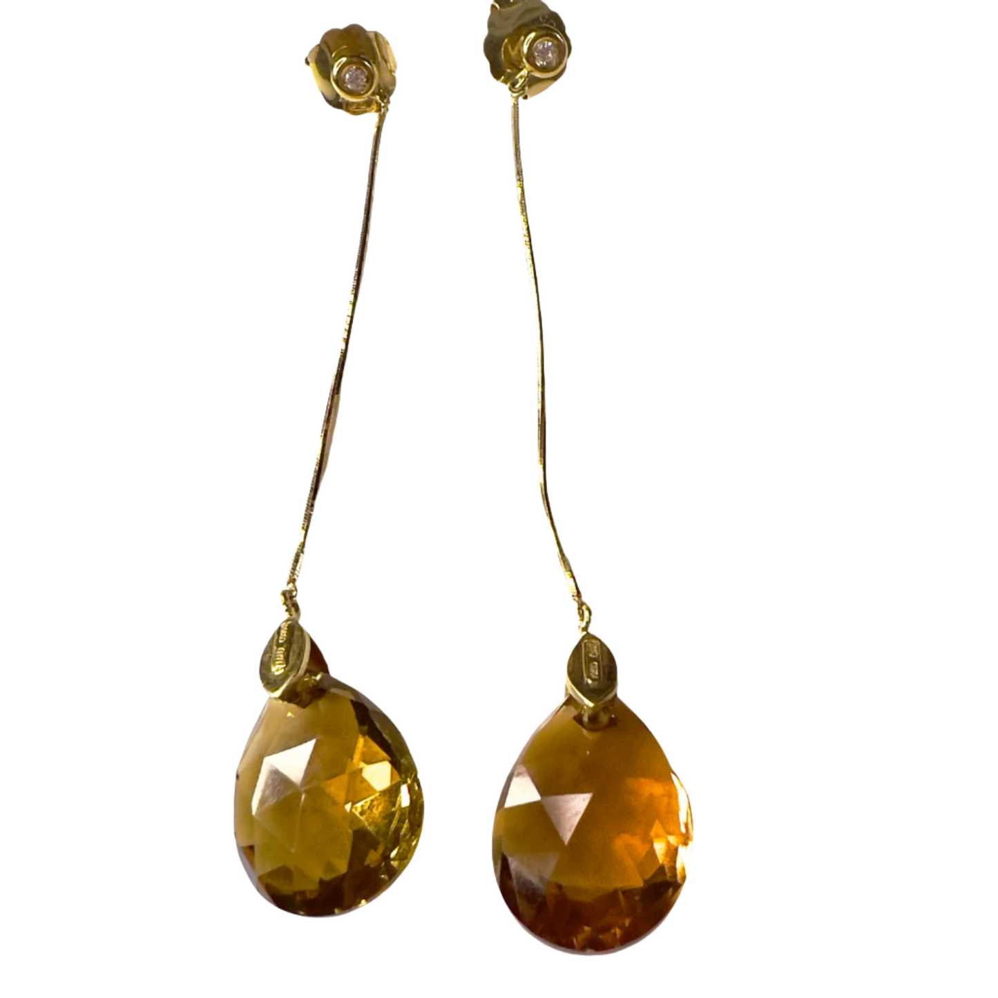 PENDIENTES MODERNOS S.XX de ORO con DIAMANTES y GOTA CITRINO