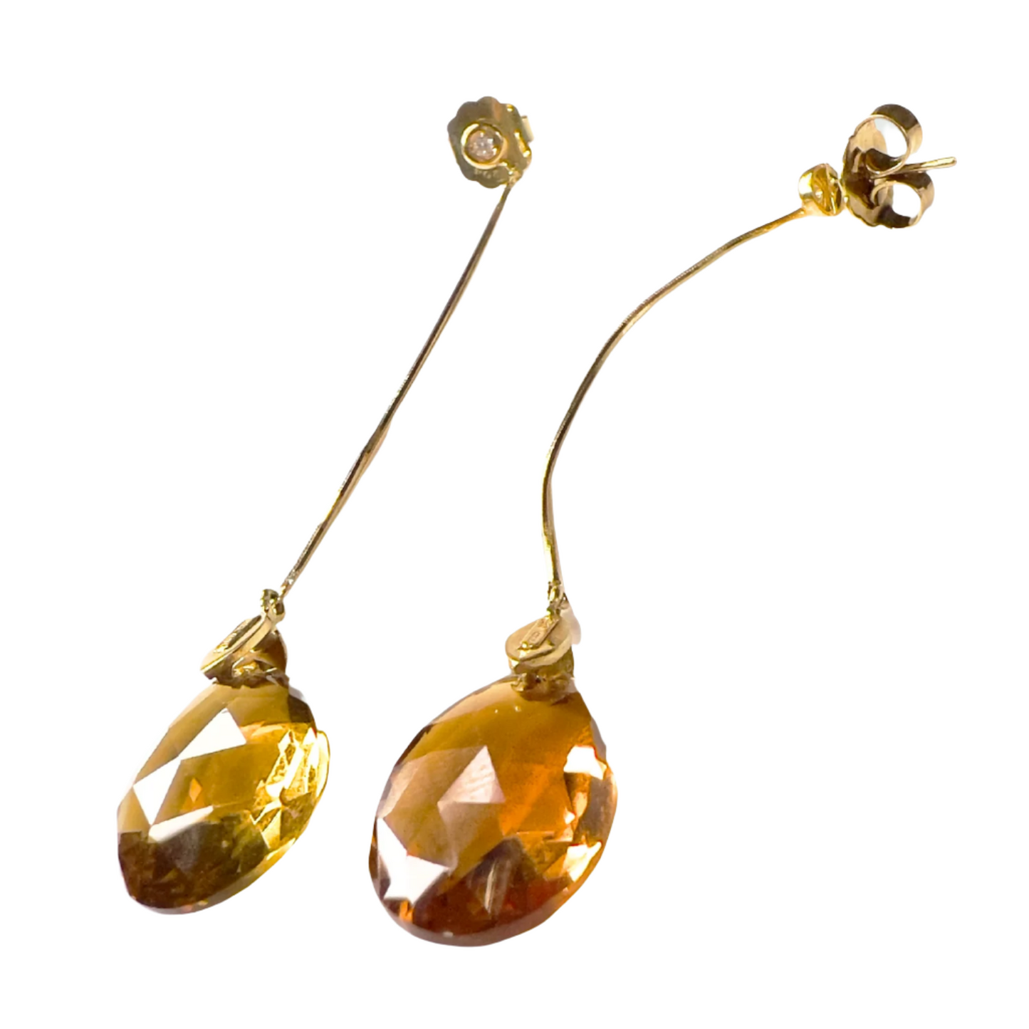 PENDIENTES MODERNOS S.XX de ORO con DIAMANTES y GOTA CITRINO