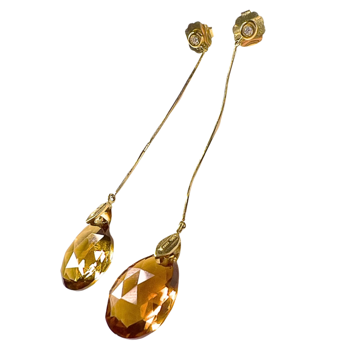 PENDIENTES MODERNOS S.XX de ORO con DIAMANTES y GOTA CITRINO