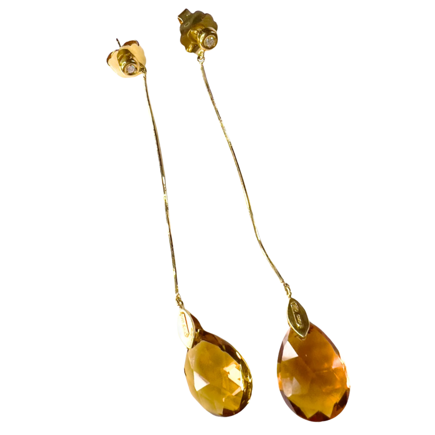 PENDIENTES MODERNOS S.XX de ORO con DIAMANTES y GOTA CITRINO