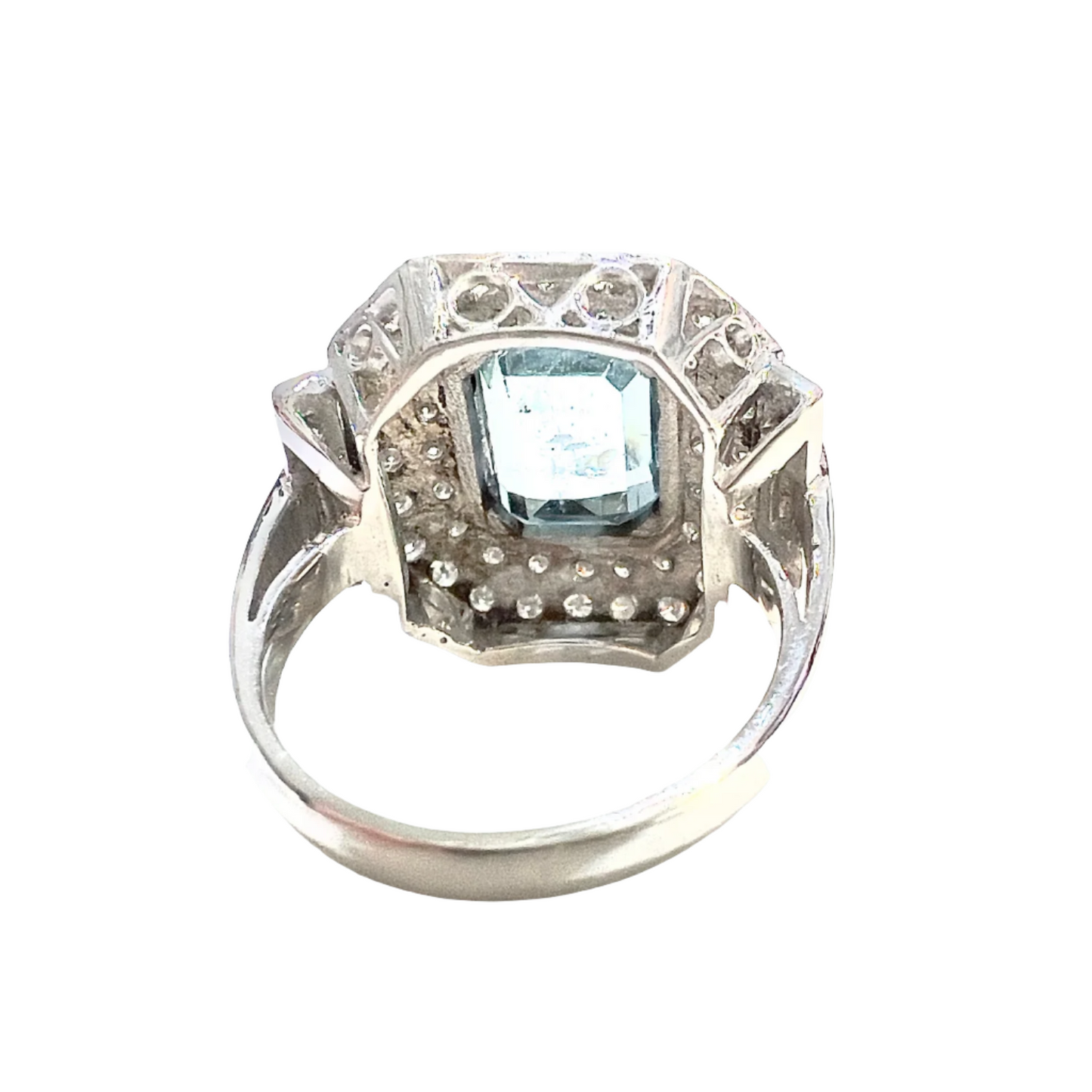 SORTIJA DISEÑO ART DECÓ de PLATINO con DIAMANTES y AGUAMARINA